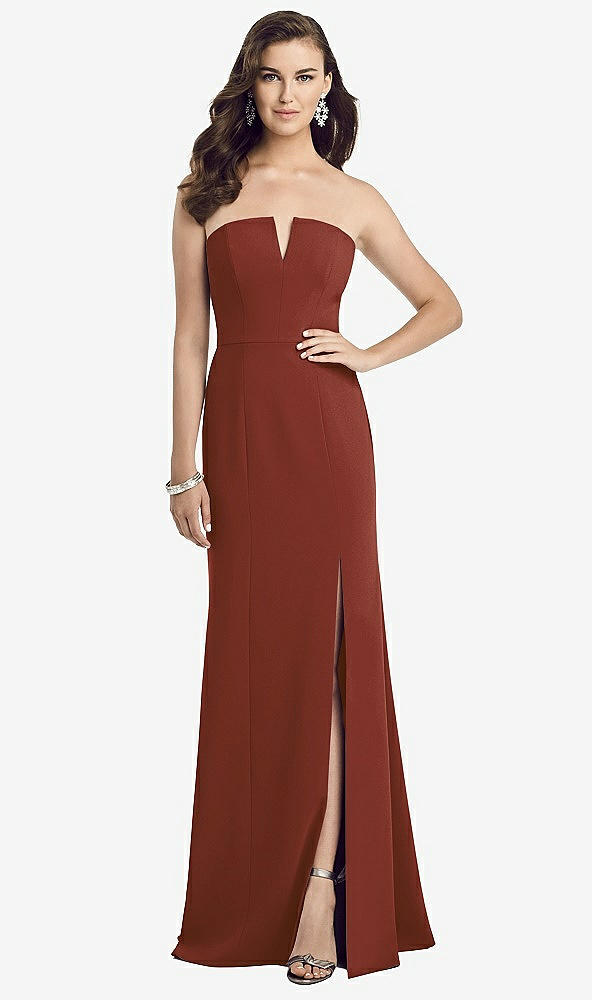 Front View - Auburn Moon Strapless Notch Crepe Gown with Front Slit