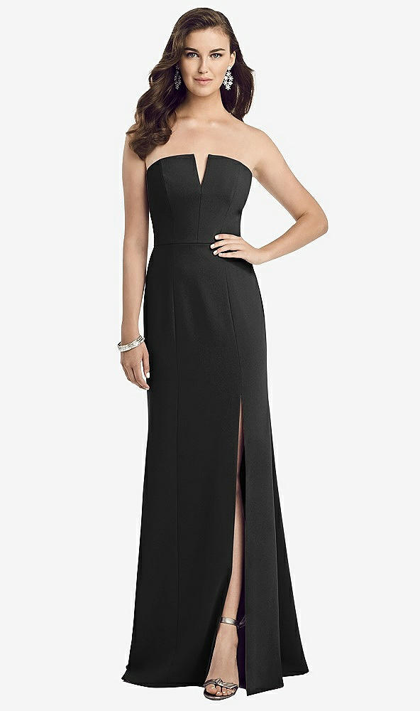 Front View - Black Strapless Notch Crepe Gown with Front Slit