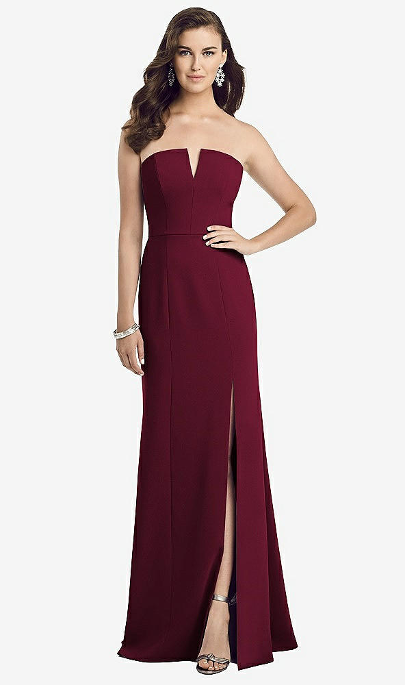 Front View - Cabernet Strapless Notch Crepe Gown with Front Slit