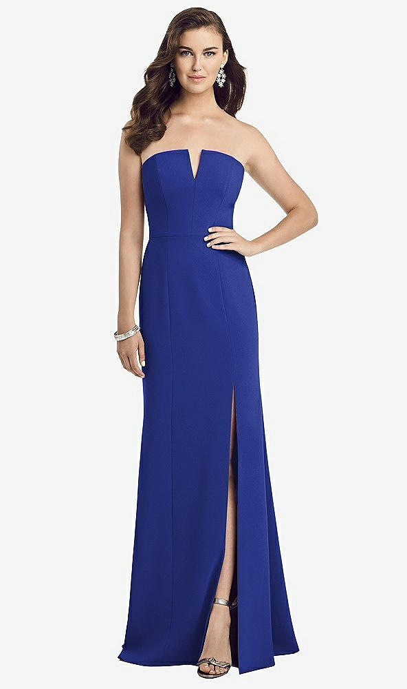 Front View - Cobalt Blue Strapless Notch Crepe Gown with Front Slit