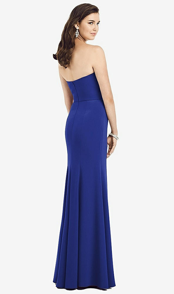 Back View - Cobalt Blue Strapless Notch Crepe Gown with Front Slit