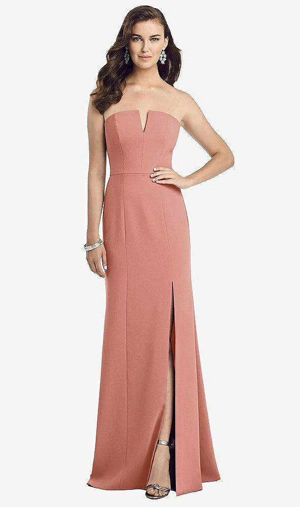 Front View - Desert Rose Strapless Notch Crepe Gown with Front Slit