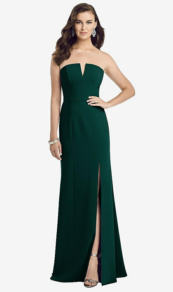 Front View - Evergreen Strapless Notch Crepe Gown with Front Slit