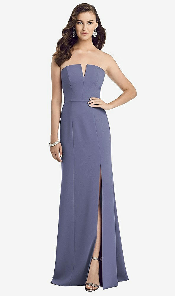 Front View - French Blue Strapless Notch Crepe Gown with Front Slit