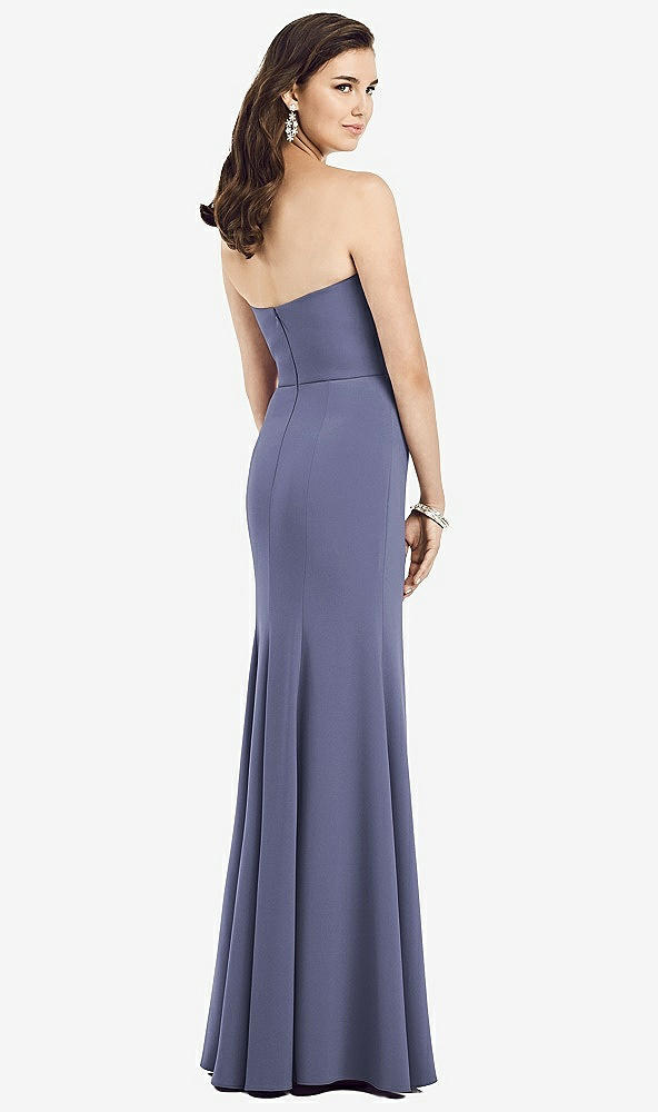 Back View - French Blue Strapless Notch Crepe Gown with Front Slit