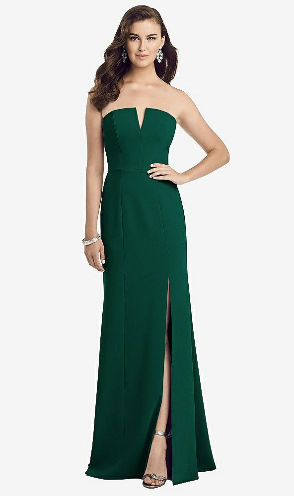 Front View - Hunter Green Strapless Notch Crepe Gown with Front Slit