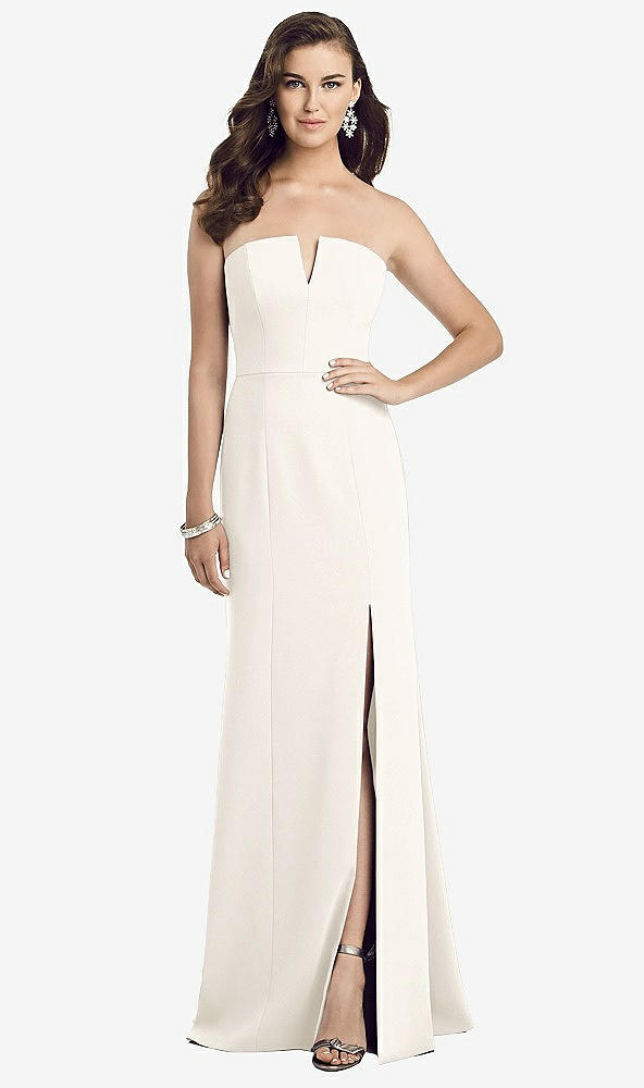 Front View - Ivory Strapless Notch Crepe Gown with Front Slit