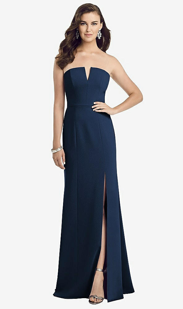 Front View - Midnight Navy Strapless Notch Crepe Gown with Front Slit