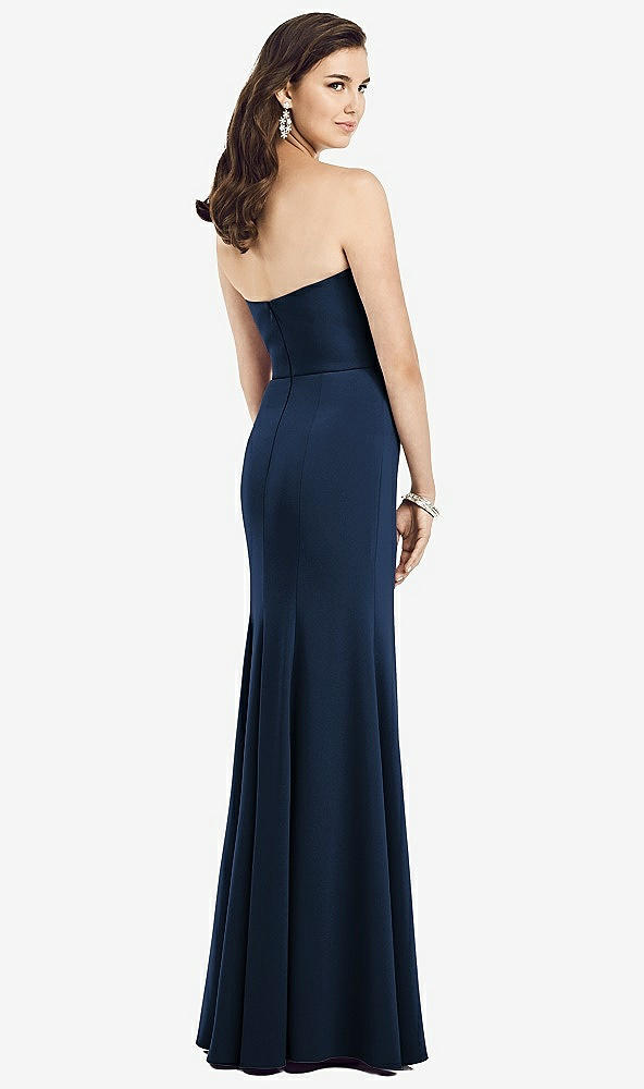 Back View - Midnight Navy Strapless Notch Crepe Gown with Front Slit