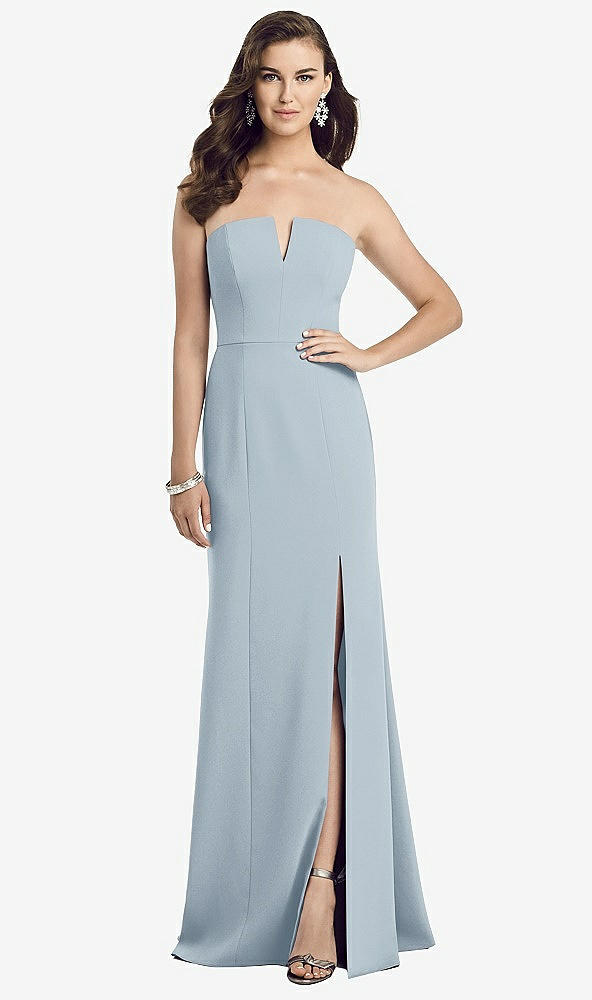 Front View - Mist Strapless Notch Crepe Gown with Front Slit