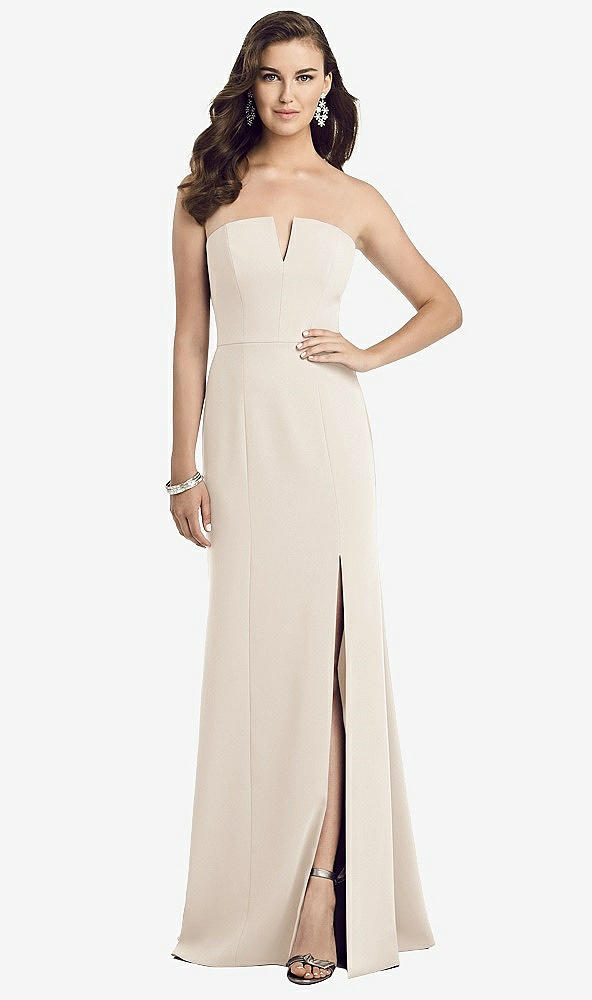 Front View - Oat Strapless Notch Crepe Gown with Front Slit