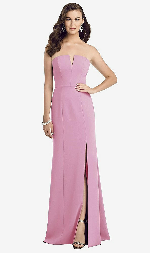 Front View - Powder Pink Strapless Notch Crepe Gown with Front Slit