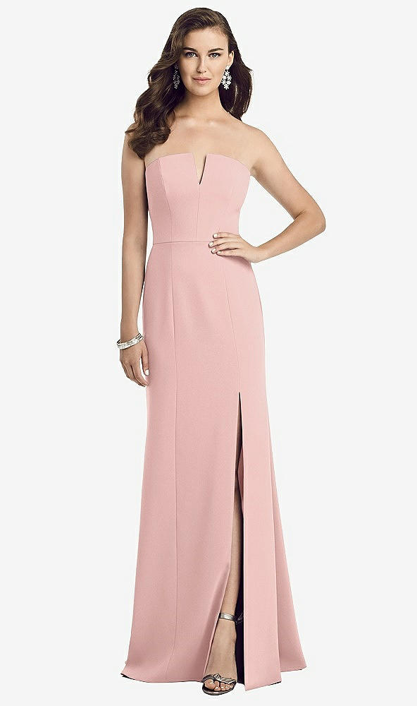 Front View - Rose - PANTONE Rose Quartz Strapless Notch Crepe Gown with Front Slit