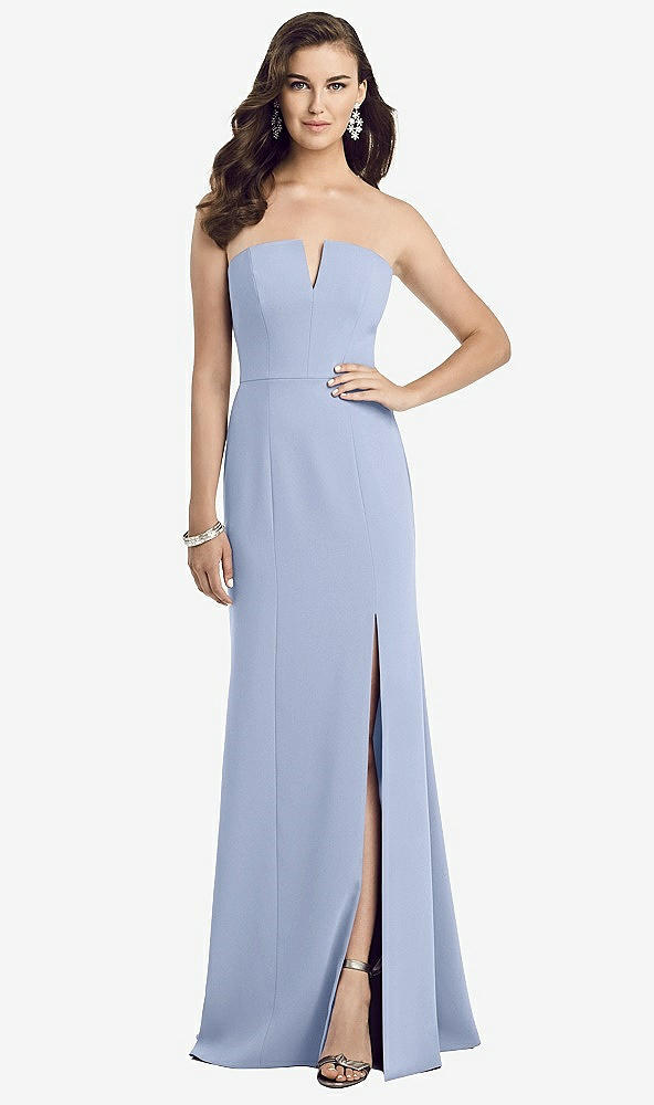 Front View - Sky Blue Strapless Notch Crepe Gown with Front Slit