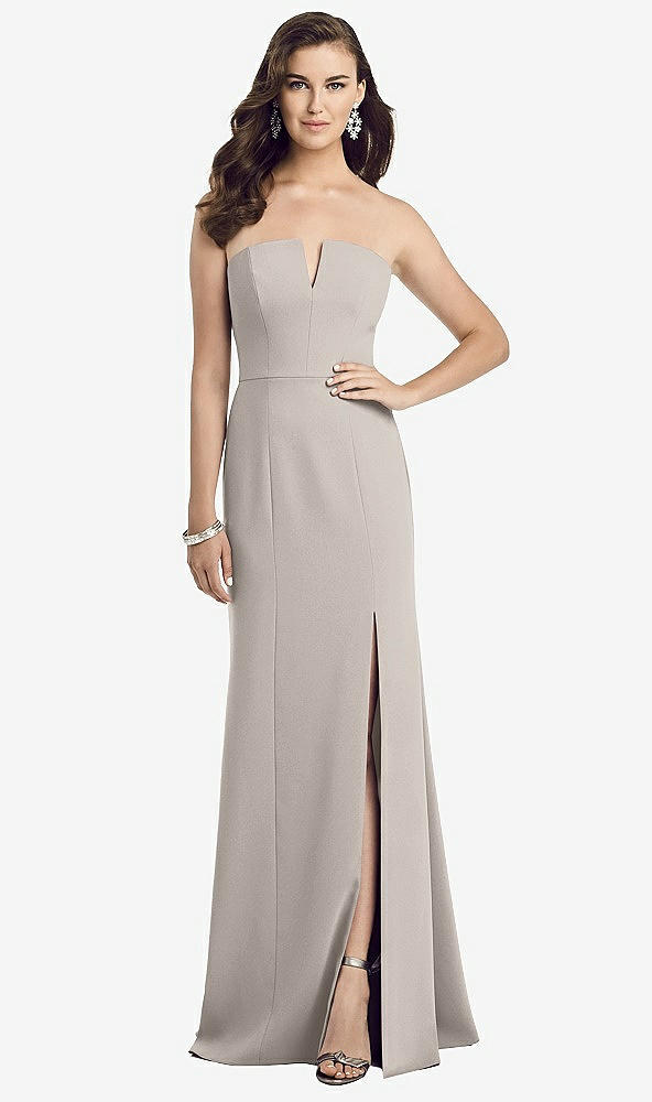 Front View - Taupe Strapless Notch Crepe Gown with Front Slit