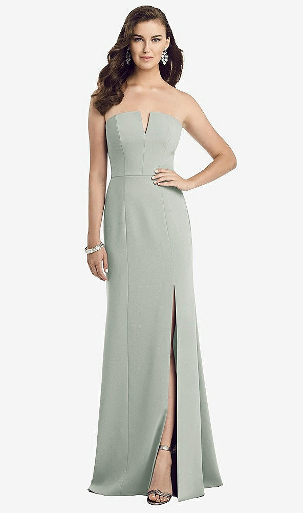 Front View - Willow Green Strapless Notch Crepe Gown with Front Slit