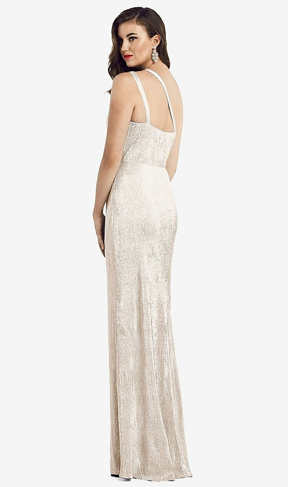 Back View - Rose Gold One-Shoulder Twist Metallic Trumpet Gown