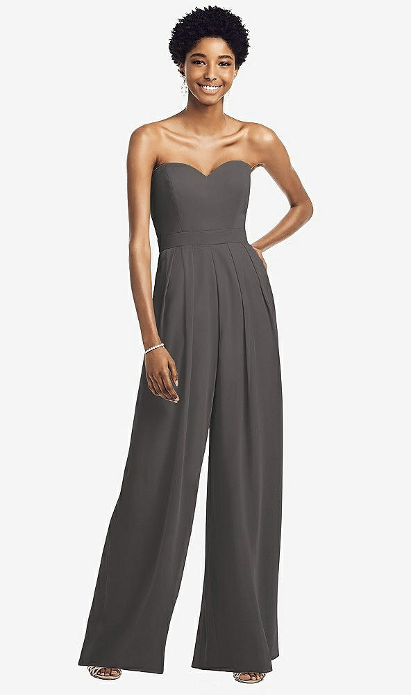 Front View - Caviar Gray Strapless Chiffon Wide Leg Jumpsuit with Pockets