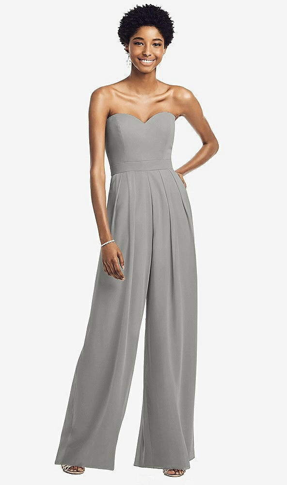 Front View - Chelsea Gray Strapless Chiffon Wide Leg Jumpsuit with Pockets