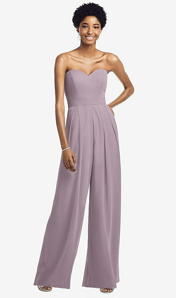 Front View - Lilac Dusk Strapless Chiffon Wide Leg Jumpsuit with Pockets