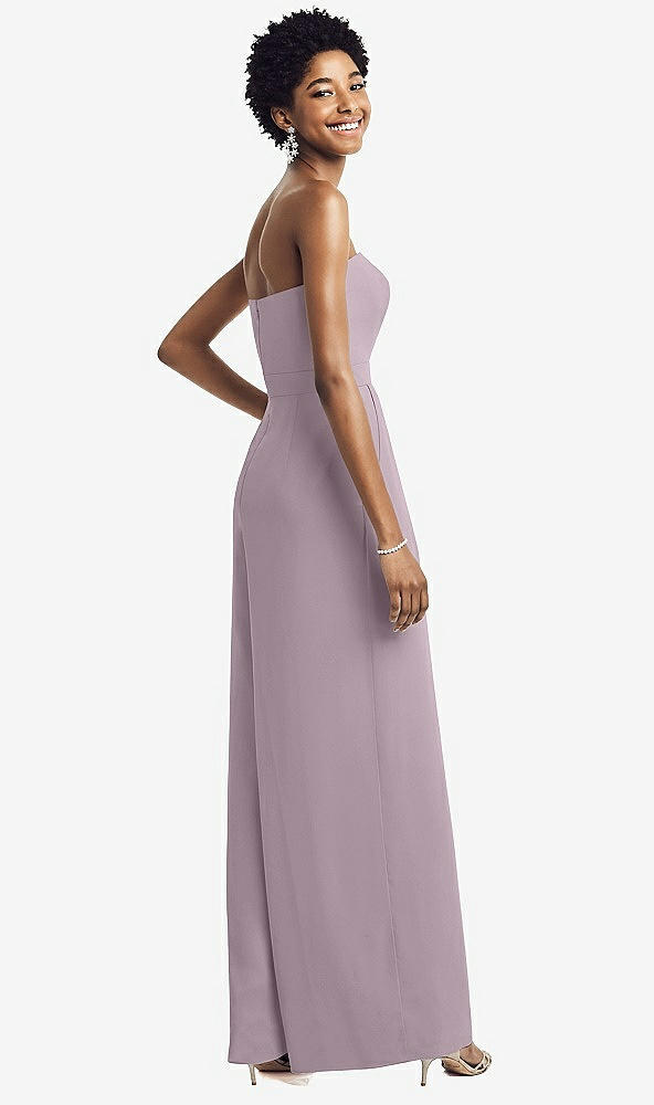 Back View - Lilac Dusk Strapless Chiffon Wide Leg Jumpsuit with Pockets