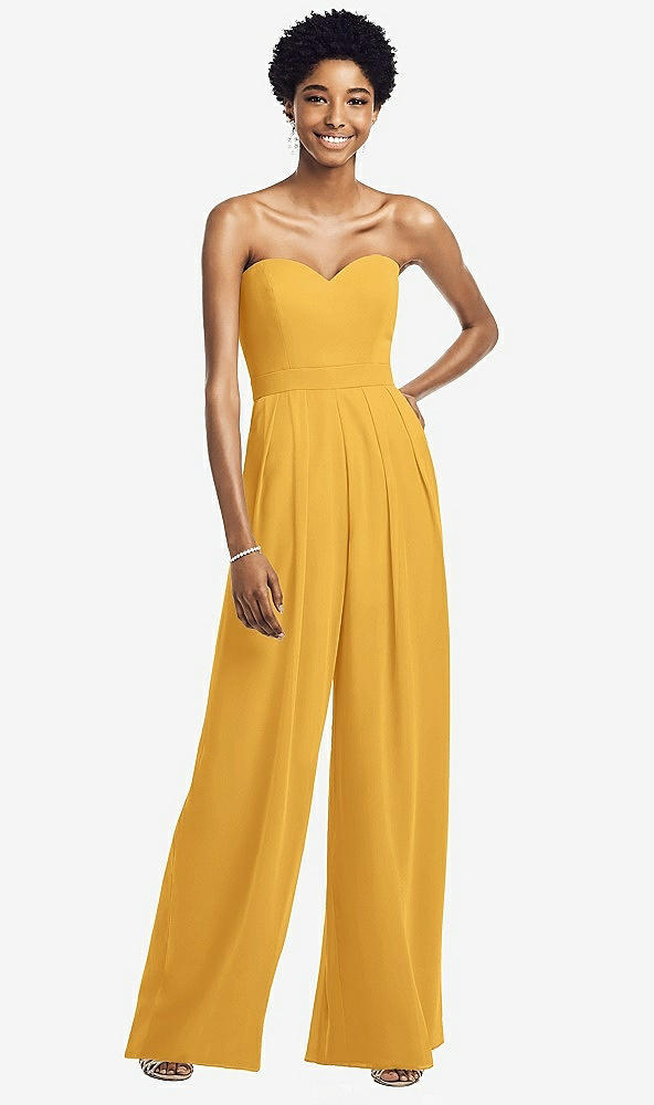 Front View - NYC Yellow Strapless Chiffon Wide Leg Jumpsuit with Pockets