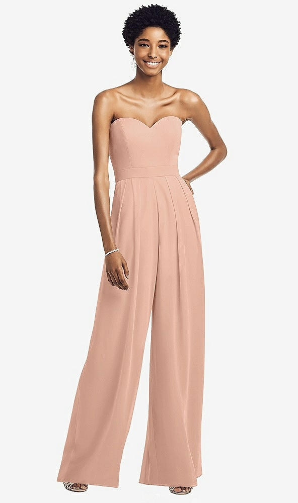 Front View - Pale Peach Strapless Chiffon Wide Leg Jumpsuit with Pockets