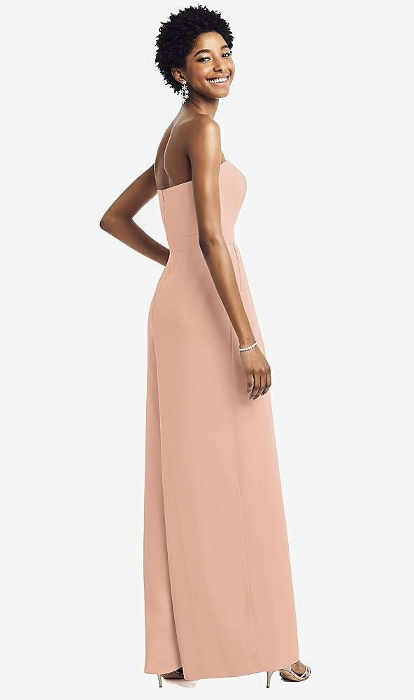 Back View - Pale Peach Strapless Chiffon Wide Leg Jumpsuit with Pockets