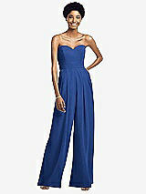 Front View Thumbnail - Classic Blue Strapless Chiffon Wide Leg Jumpsuit with Pockets