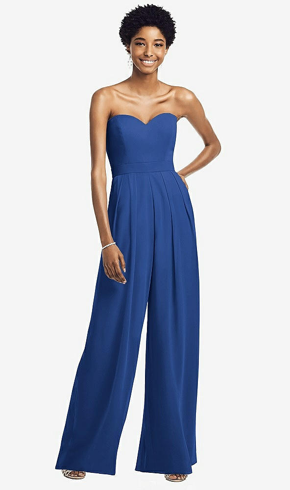 Front View - Classic Blue Strapless Chiffon Wide Leg Jumpsuit with Pockets