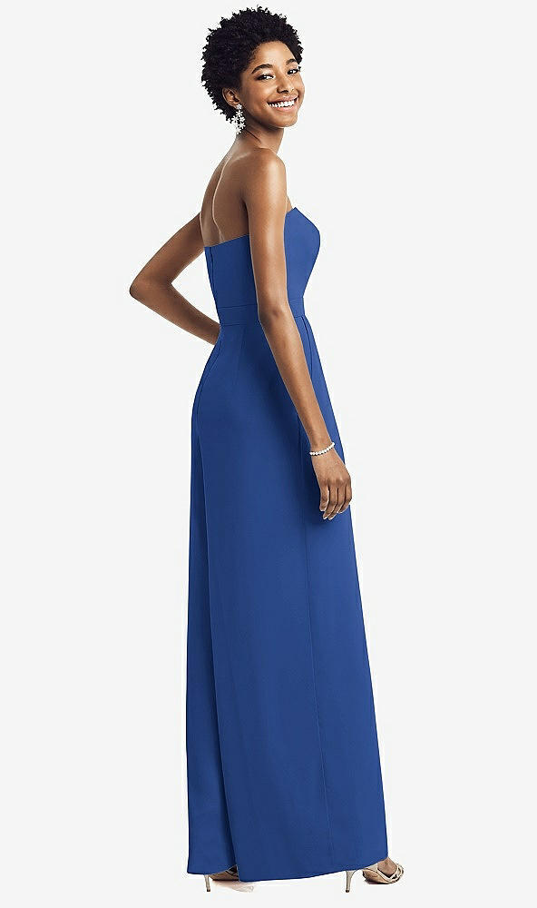 Back View - Classic Blue Strapless Chiffon Wide Leg Jumpsuit with Pockets