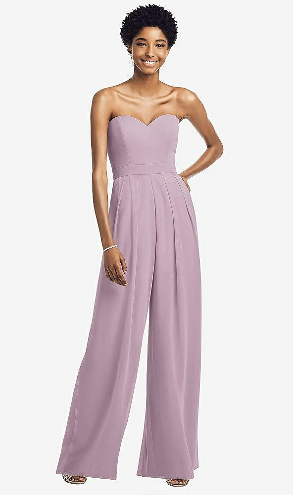 Front View - Suede Rose Strapless Chiffon Wide Leg Jumpsuit with Pockets