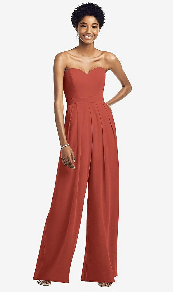 Front View - Amber Sunset Strapless Chiffon Wide Leg Jumpsuit with Pockets