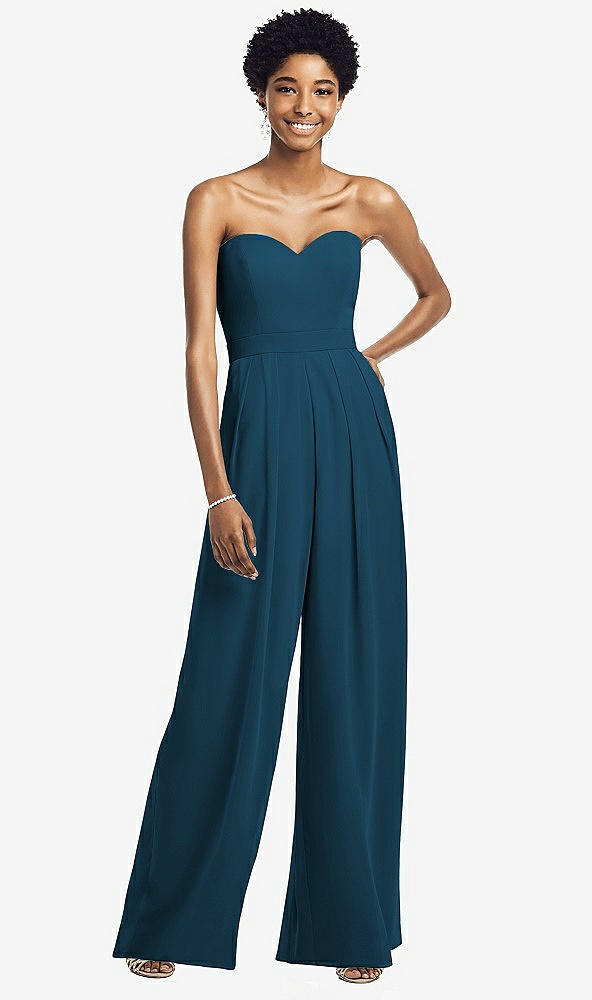 Front View - Atlantic Blue Strapless Chiffon Wide Leg Jumpsuit with Pockets