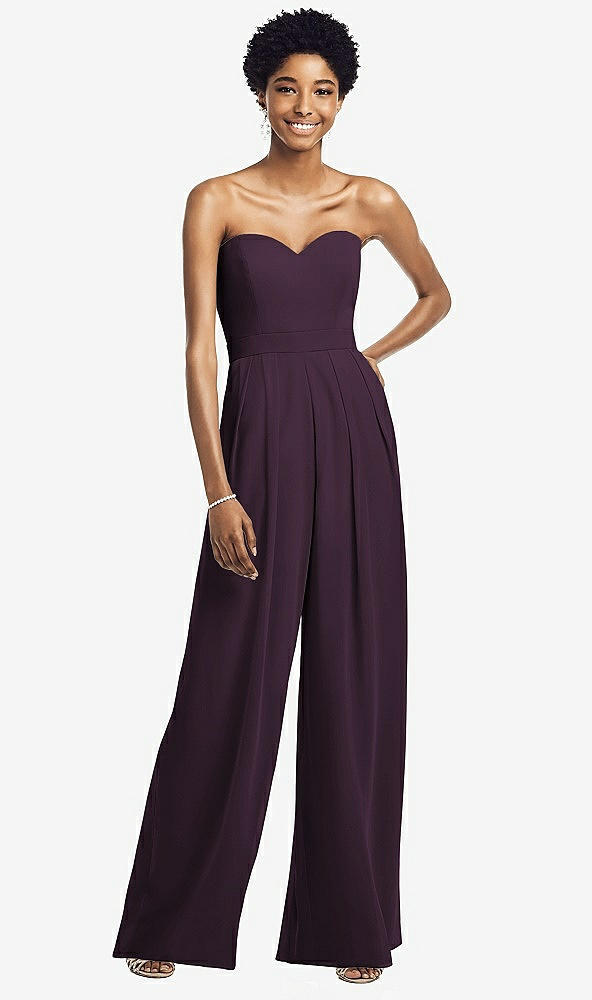 Front View - Aubergine Strapless Chiffon Wide Leg Jumpsuit with Pockets