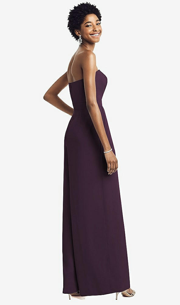 Back View - Aubergine Strapless Chiffon Wide Leg Jumpsuit with Pockets