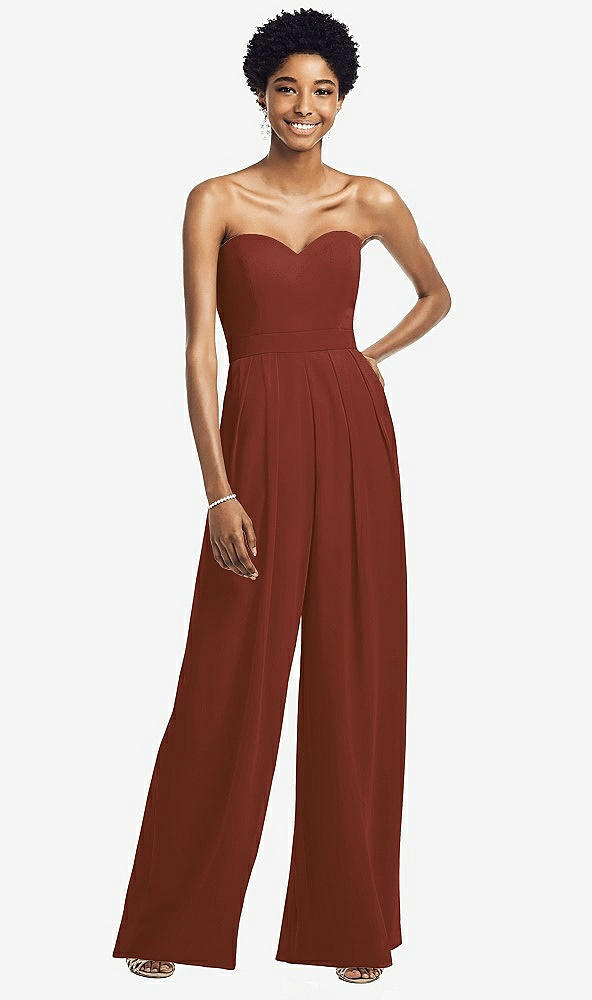 Front View - Auburn Moon Strapless Chiffon Wide Leg Jumpsuit with Pockets
