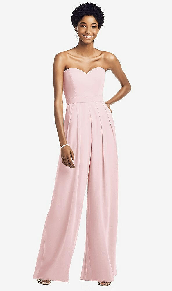 Front View - Ballet Pink Strapless Chiffon Wide Leg Jumpsuit with Pockets