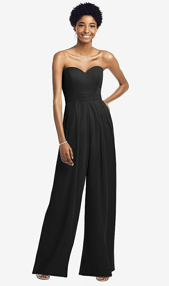 Front View - Black Strapless Chiffon Wide Leg Jumpsuit with Pockets