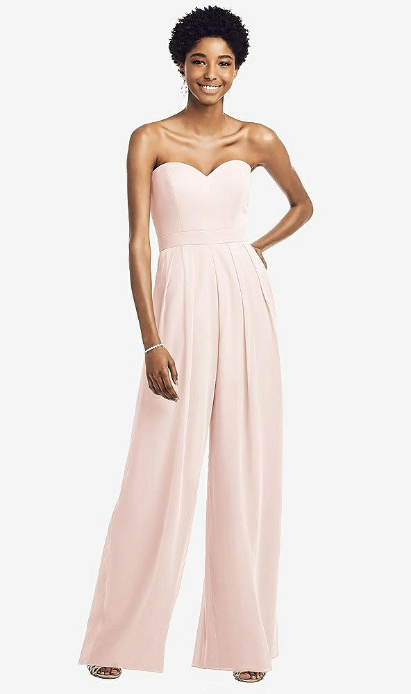 Front View - Blush Strapless Chiffon Wide Leg Jumpsuit with Pockets