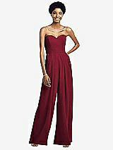 Front View Thumbnail - Burgundy Strapless Chiffon Wide Leg Jumpsuit with Pockets