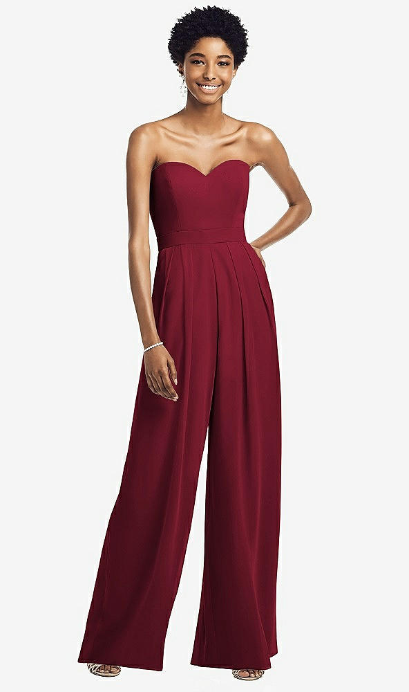 Front View - Burgundy Strapless Chiffon Wide Leg Jumpsuit with Pockets