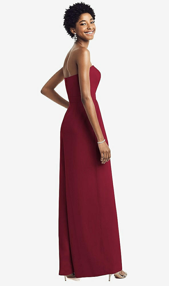 Back View - Burgundy Strapless Chiffon Wide Leg Jumpsuit with Pockets
