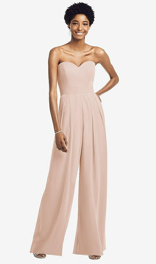 Front View - Cameo Strapless Chiffon Wide Leg Jumpsuit with Pockets