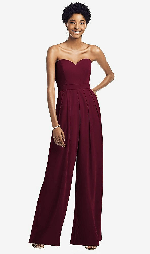 Front View - Cabernet Strapless Chiffon Wide Leg Jumpsuit with Pockets