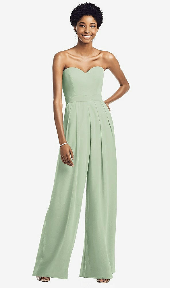 Front View - Celadon Strapless Chiffon Wide Leg Jumpsuit with Pockets