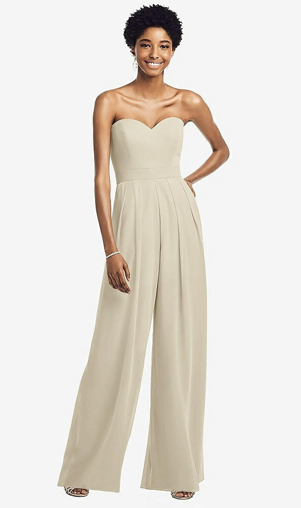 Front View - Champagne Strapless Chiffon Wide Leg Jumpsuit with Pockets