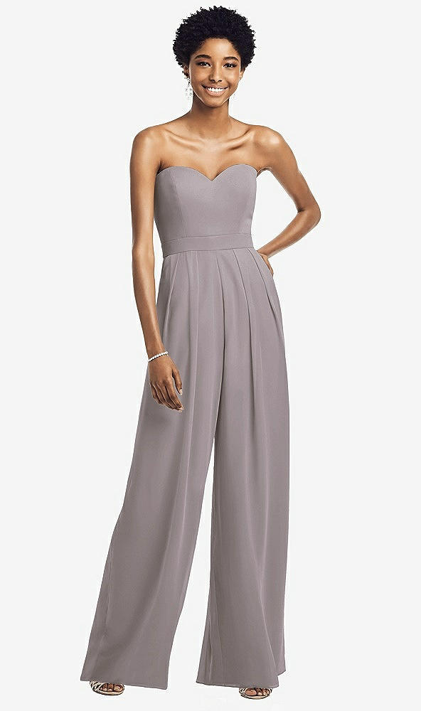 Front View - Cashmere Gray Strapless Chiffon Wide Leg Jumpsuit with Pockets