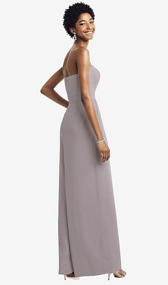 Back View - Cashmere Gray Strapless Chiffon Wide Leg Jumpsuit with Pockets