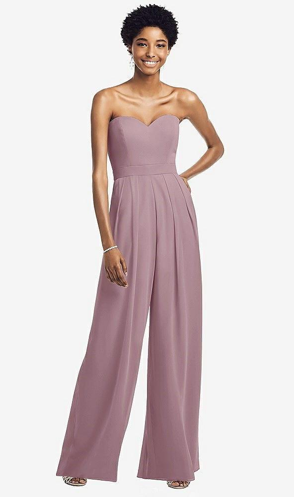 Front View - Dusty Rose Strapless Chiffon Wide Leg Jumpsuit with Pockets